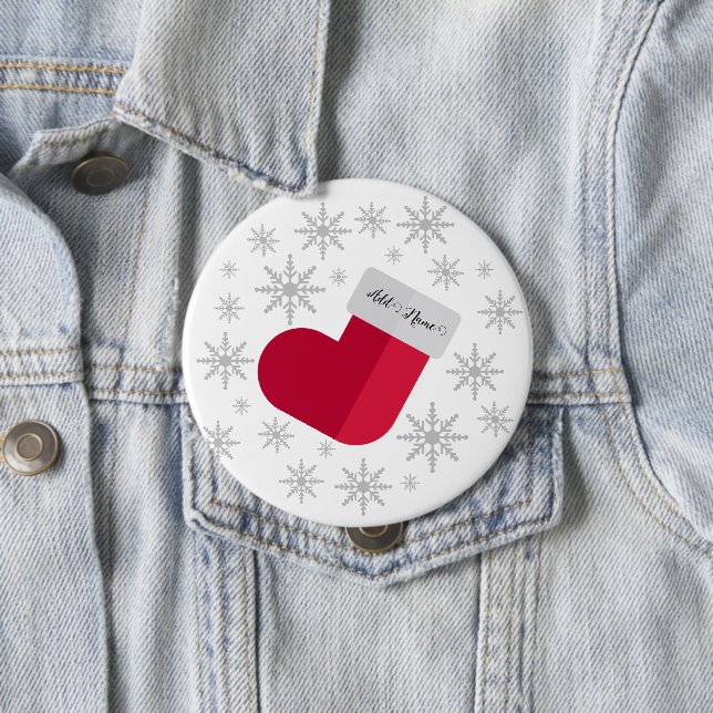 Snowflakes and Christmas Stocking Add Name 10 Cm Round Badge (In Situ)