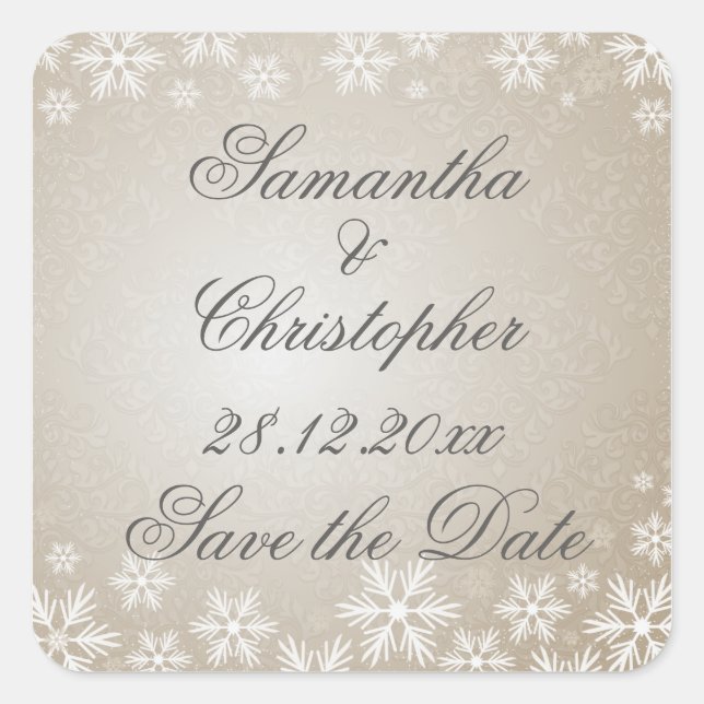 Snowflakes and Damask Save the Date Square Sticker (Front)