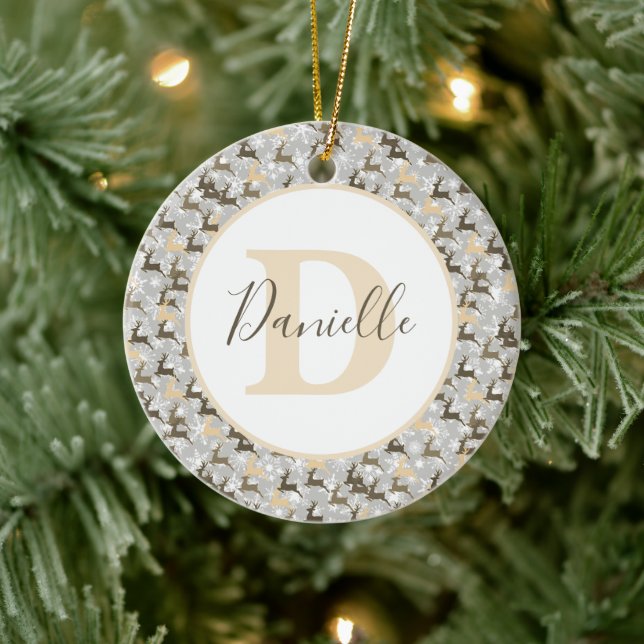 Snowflakes and deer personalised ceramic ornament (Tree)