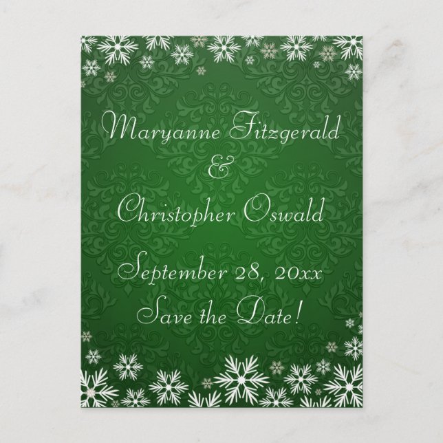 Snowflakes and Green Damask Wedding Save the Date Announcement Postcard (Front)