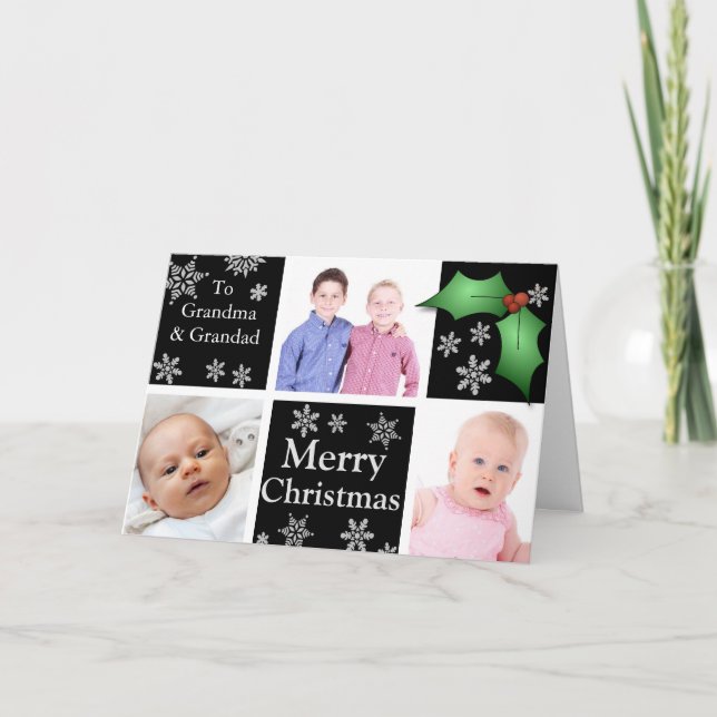 Snowflakes and Holly on Black Holiday Card (Front)