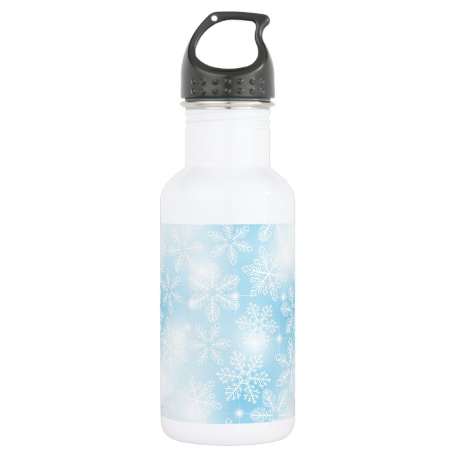 Snowflakes and lights on blue 532 ml water bottle (Front)