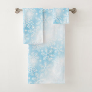 Snowflakes and lights on blue bath towel set