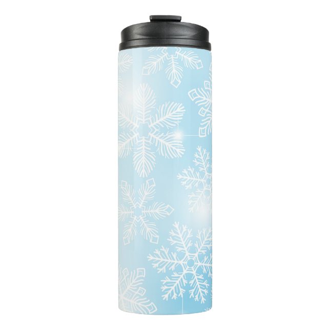 Snowflakes and lights on blue thermal tumbler (Front)