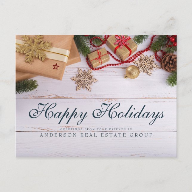 Snowflakes and Pine  | Rustic Holiday Greetings Postcard (Front)