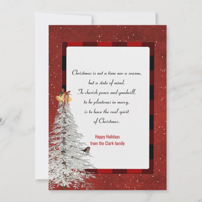 snowflakes and pine tree with Christmas on plaid Holiday Card (Front)