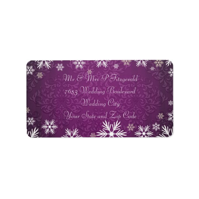 Snowflakes and Purple Damask Wedding Label (Front)
