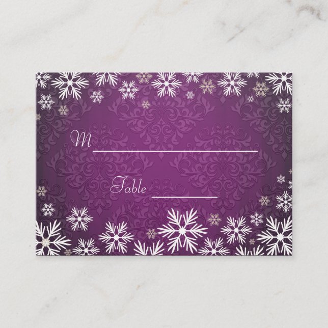 Snowflakes and Purple Damask Wedding Place Setting Place Card (Front)