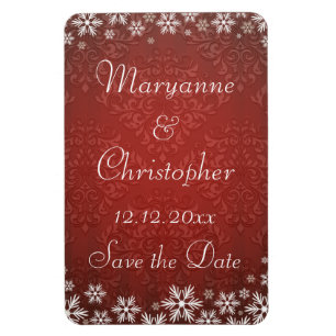 Snowflakes and Red Damask Save the Date Magnet