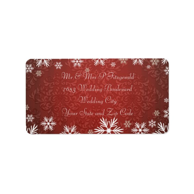 Snowflakes and Red Damask Wedding Label (Front)
