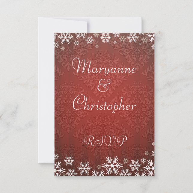 Snowflakes and Red Damask Wedding RSVP Card (Front)