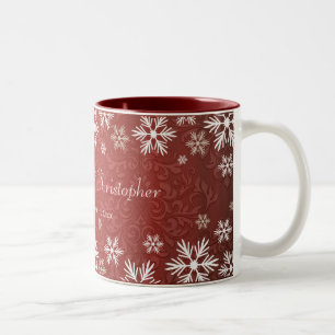 Snowflakes and Red Damask Wedding Two-Tone Coffee Mug