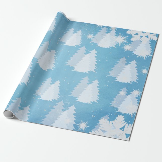 Snowflakes and Snow Covered Trees Wrapping Paper (Unrolled)