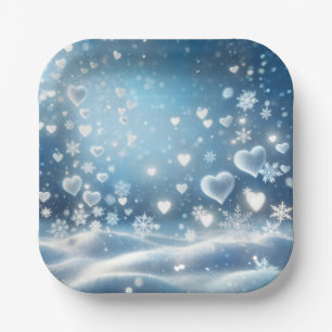 Snowflakes and Snow Hearts in Winter Sky Paper Plate