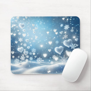 Snowflakes and Snow Hearts on Winter Sky Mouse Pad