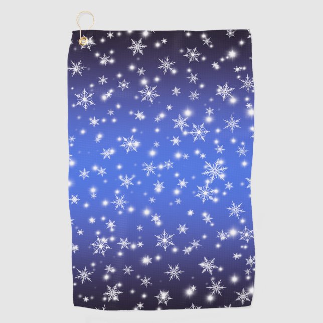 Snowflakes and Sparkles over Navy Blue Light Golf Towel (Front)