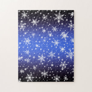 Snowflakes and Sparkles over Navy Blue Light Jigsaw Puzzle