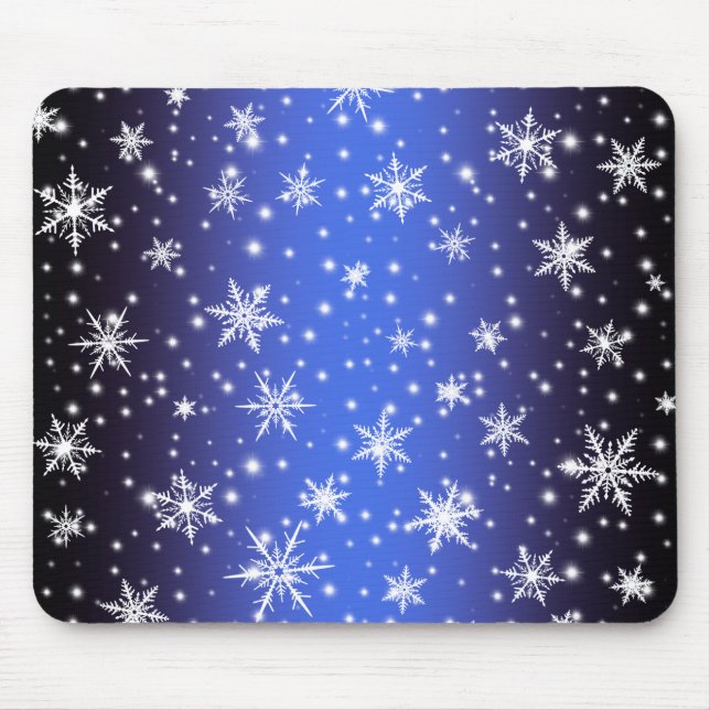 Snowflakes and Sparkles over Navy Blue Light Mouse Pad (Front)