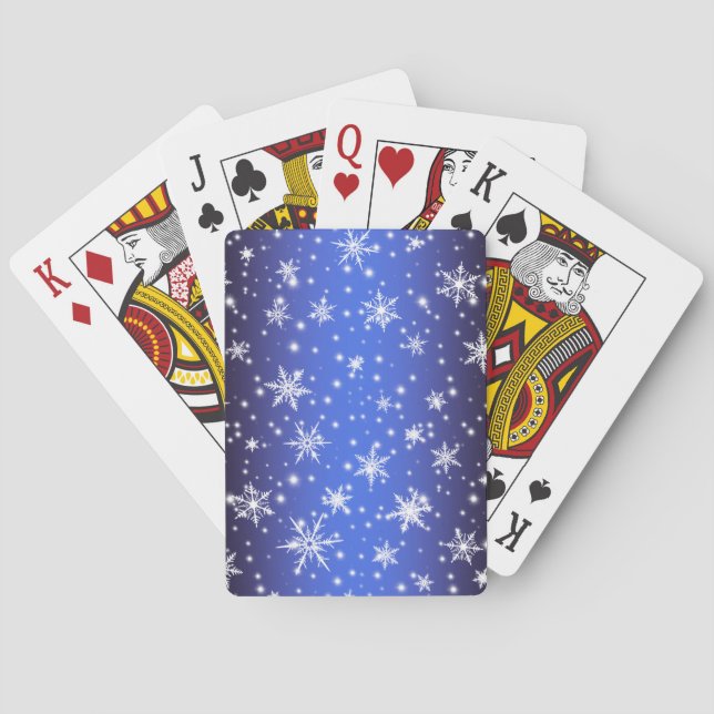 Snowflakes and Sparkles over Navy Blue Light Playing Cards (Back)