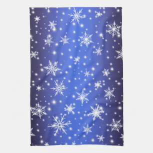 Snowflakes and Sparkles over Navy Blue Light Tea Towel