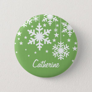 Snowflakes and Stars Button, Green 6 Cm Round Badge