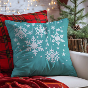 Snowflakes and Stars Pillow, Aqua Cushion