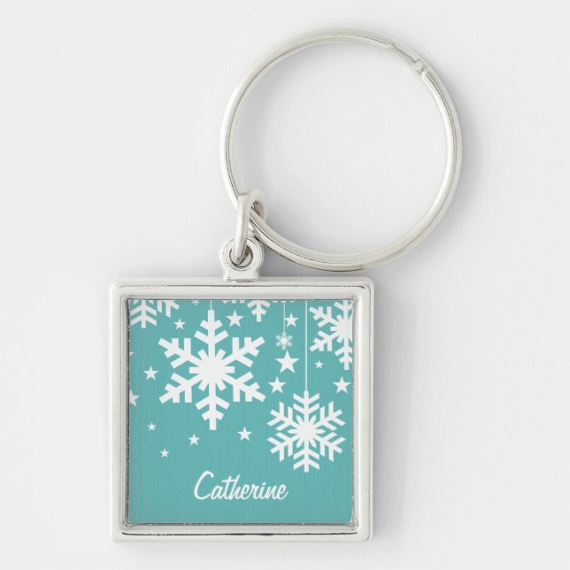 Snowflakes and Stars Premium Keychain, Aqua Key Ring (Front)