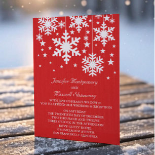 Snowflakes and Stars Wedding Invite, Red Invitation