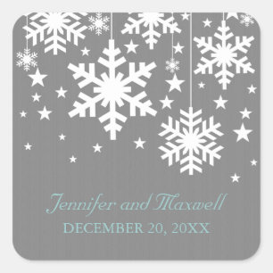 Snowflakes and Stars Wedding Stickers, Grey Square Sticker
