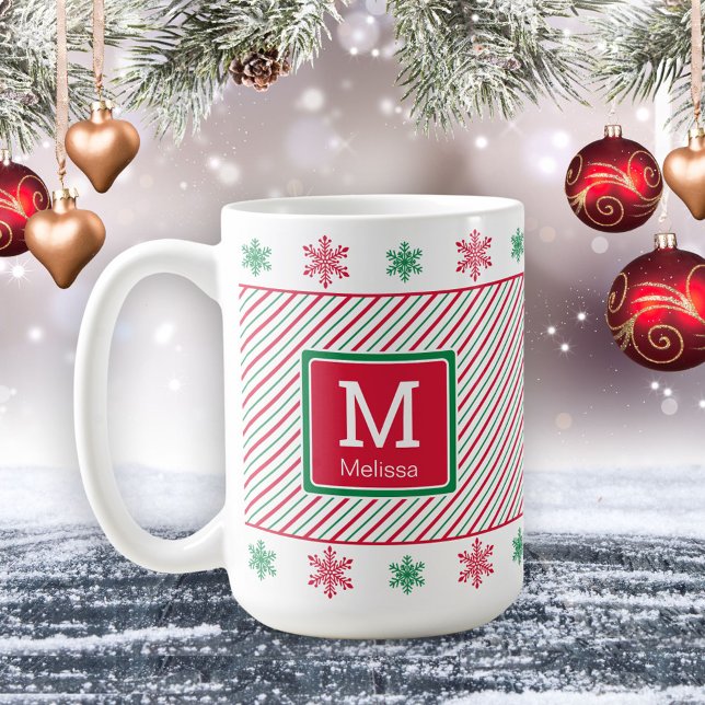 Snowflakes and Stripes Monogram Christmas Mug (Creator Uploaded)