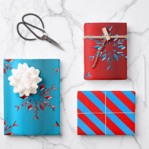 Snowflakes and Stripes Red and Blue Christmas Wrapping Paper Sheet