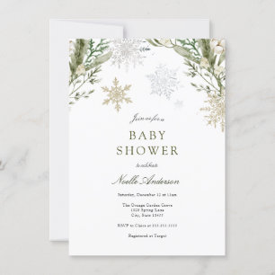 Snowflakes and Winter Greenery Baby Shower Invitation