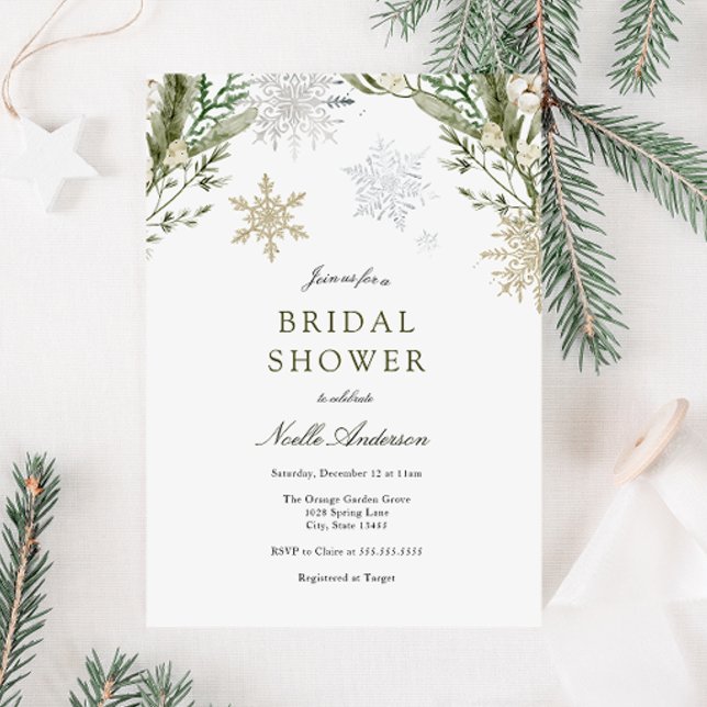 Snowflakes and Winter Greenery Bridal Shower Invitation (Creator Uploaded)