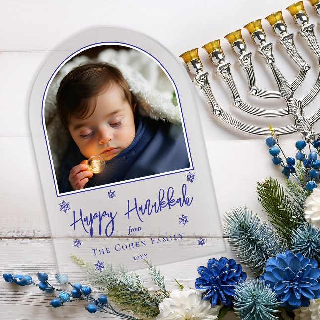 Snowflakes Arched Photo Happy Hanukkah Greeting Acrylic Invitations (Snowflakes Simple Modern Arched Photo "Happy Hanukkah" Jewish Family Greeting Acrylic Card)