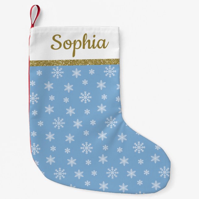 Snowflakes Baby blue pattern personalised name Small Christmas Stocking (Front)