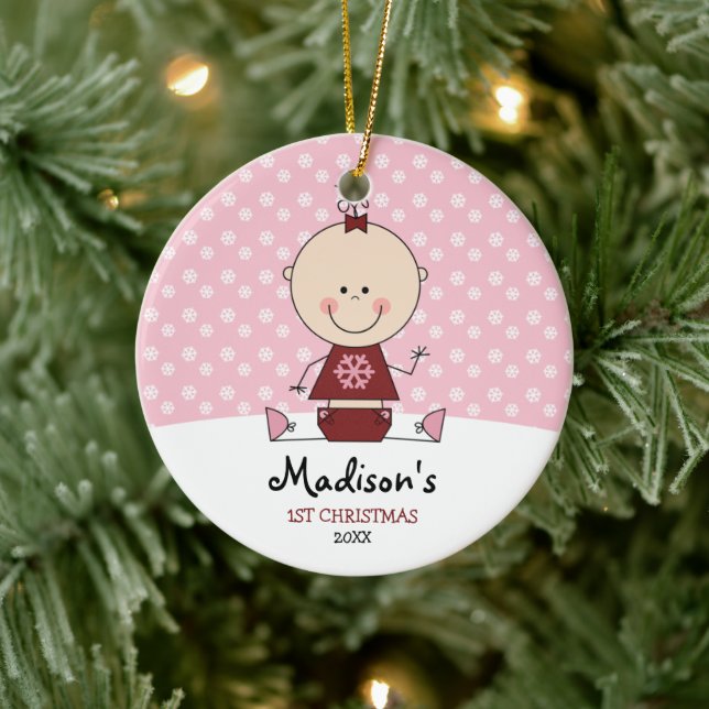 Snowflakes Baby Girl 1st Christmas Personalised Ceramic Ornament (Tree)
