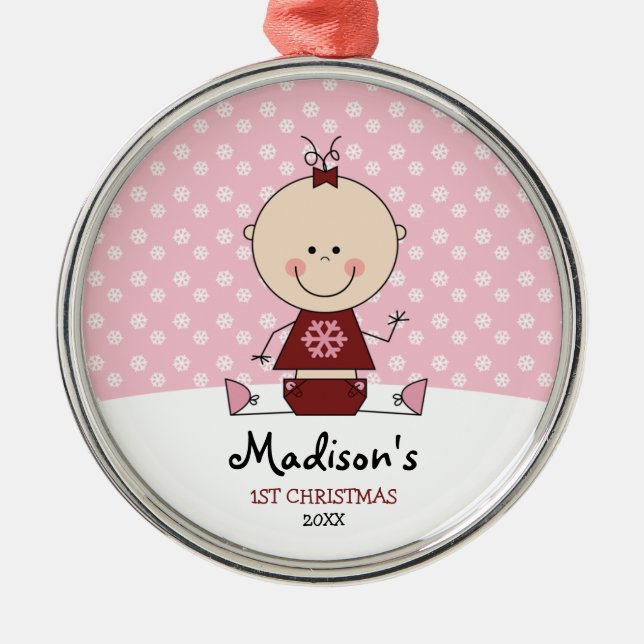 Snowflakes Baby Girl 1st Christmas Personalised Metal Ornament (Front)