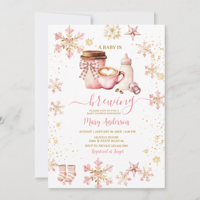 Snowflakes Baby Is Brewing Pink Winter Baby Shower Invitation (Front)