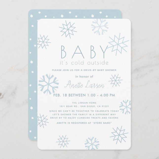 Snowflakes Baby Its Cold Blue Drive-by Baby Showe Invitation (Front/Back)