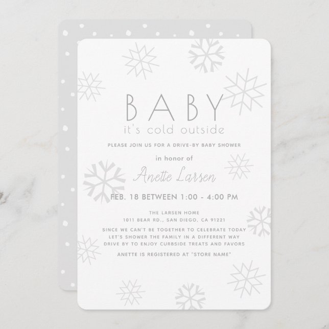 Snowflakes Baby Its Cold Grey Drive-by Baby Shower Invitation (Front/Back)