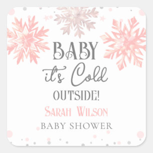 Snowflakes Baby it's cold outside baby shower Pink Square Sticker