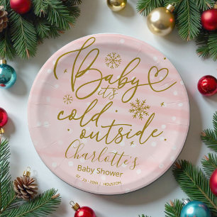 Snowflakes Baby It's Cold Outside Girl Baby Shower Paper Plate