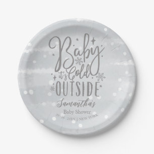 Snowflakes Baby It's Cold Outside Gray Baby Shower Paper Plate
