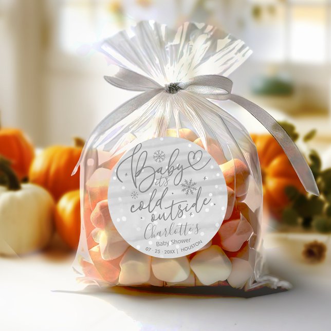 Snowflakes Baby It's Cold Outside Grey Baby Shower Classic Round Sticker (Creator Uploaded)