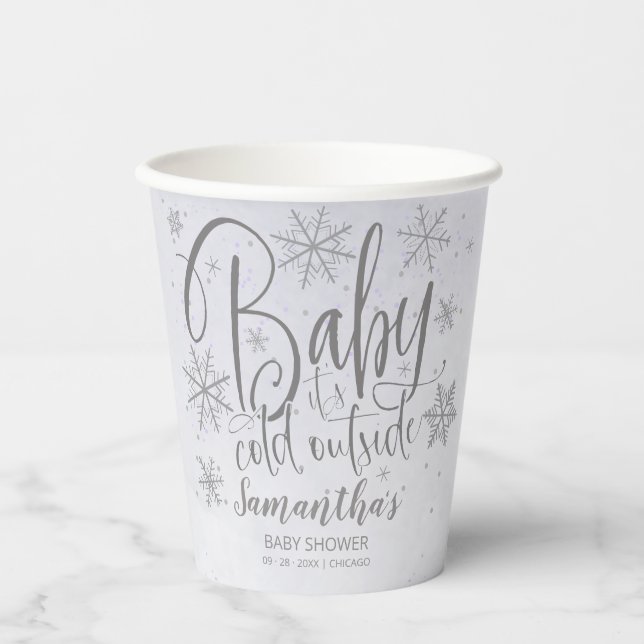 Snowflakes Baby It's Cold Outside Grey Baby Shower Paper Cups (Front)