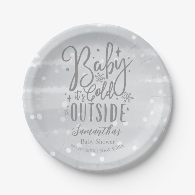 Snowflakes Baby It's Cold Outside Grey Baby Shower Paper Plate (Front)