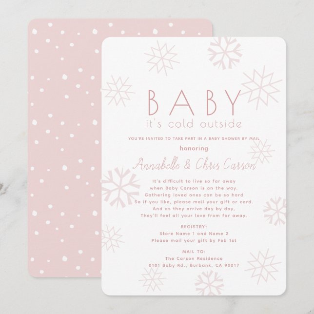 Snowflakes Baby Its Cold Pink Baby Shower by Mail Invitation (Front/Back)