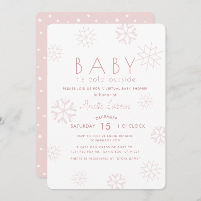 Snowflakes Baby Its Cold Pink Virtual Baby Shower Invitation (Front/Back)