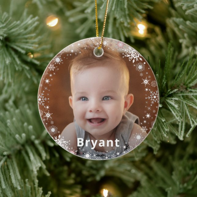 Snowflakes Baby Photo First Christmas Holiday Ceramic Ornament (Tree)