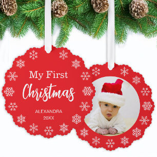 Snowflakes Baby Photo My First Christmas Red White Tree Decoration Card